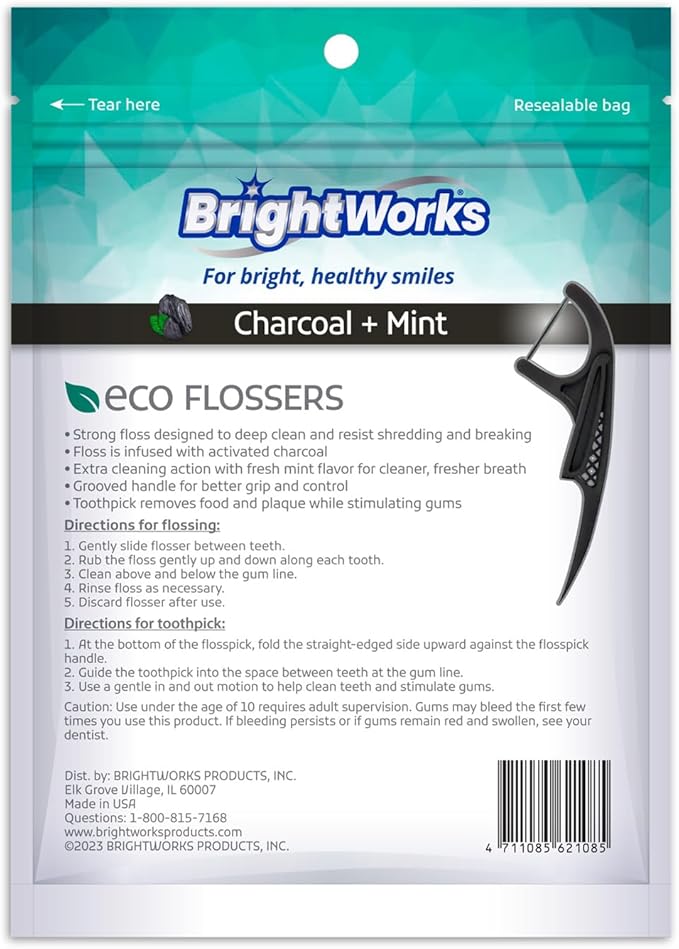 Brightworks ECO Sustainable Floss Picks - 225 Count - PFAS Free - Made in USA Charcoal + Mint Infused 100% Post-Consumer Recycled Plastic with Micro-Crystals for Oral Care Hygiene Gum Health