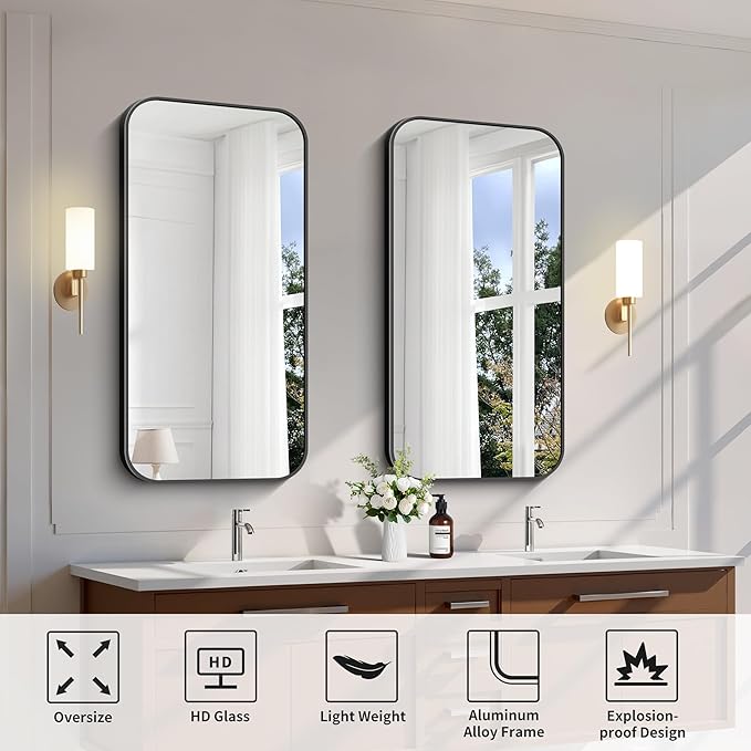 FORBATH Bathroom Mirror 20" x 40", Rectangle Black Bathroom Mirror with Black Aluminum Frame Rounded Corner, Wall Mounted Mirror for Bedroom Entryway Living Room-StrideForce Fitness