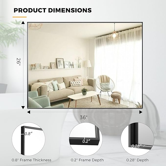 27x36 Inch Black Bathroom Mirror for Wall, Aluminum Frame Rectangle Rectangular Vanity Mirror, Modern Large for Bedroom, Living Room, Horizontal or Vertical-StrideForce Fitness