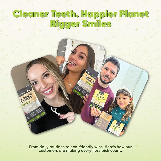 Biodegradable Floss Picks - Natural Straw Wheat Handle | Thin & Durable Thread for Tight Gaps! | Dental Flossers for Adults | Gentle on Gums & Teeth | Eco Friendly, Vegan, Natural (100 Pack, Mint)
