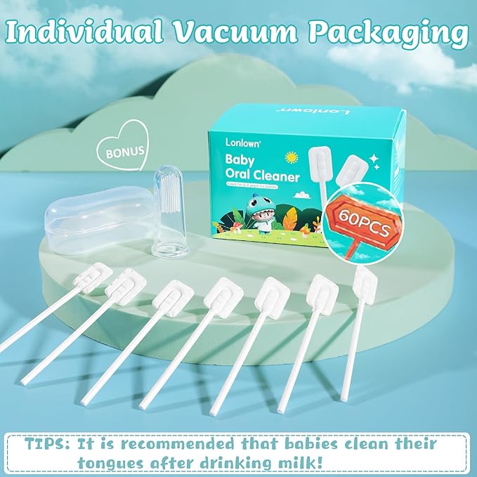 60PCS Baby Tongue Cleaner & 1PCS Finger Toothbrush Infant Mouth Cleaner Newborn Gum Cleaner Disposable Infant Oral Clean Stick Dental Care for Baby Toddler