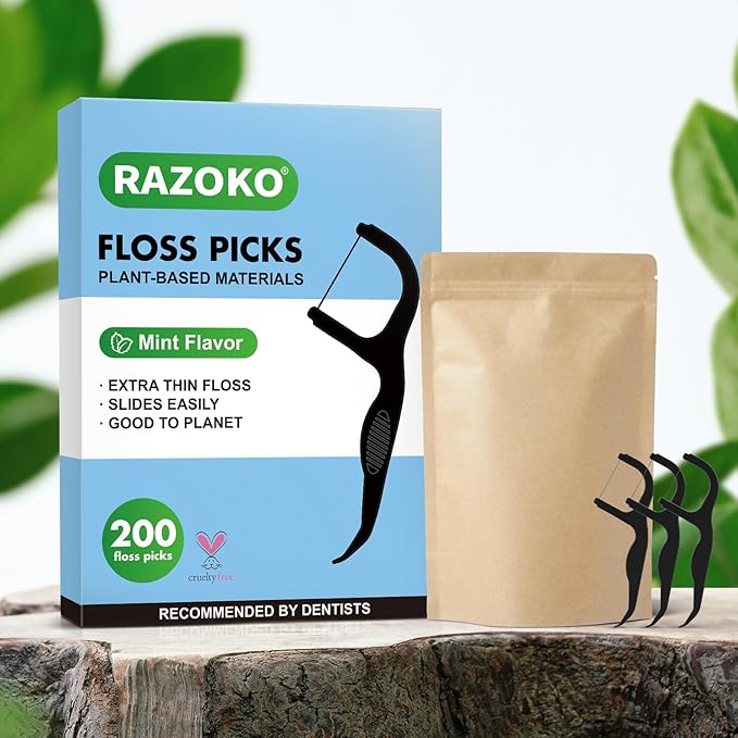 RAZOKO Biodegradable Dental Floss Picks, Charcoal Toothpick Stick Soft On Gum & Teeth, Plant Based Dental Floss Picks for Adults & Kids, 100 Count Mint