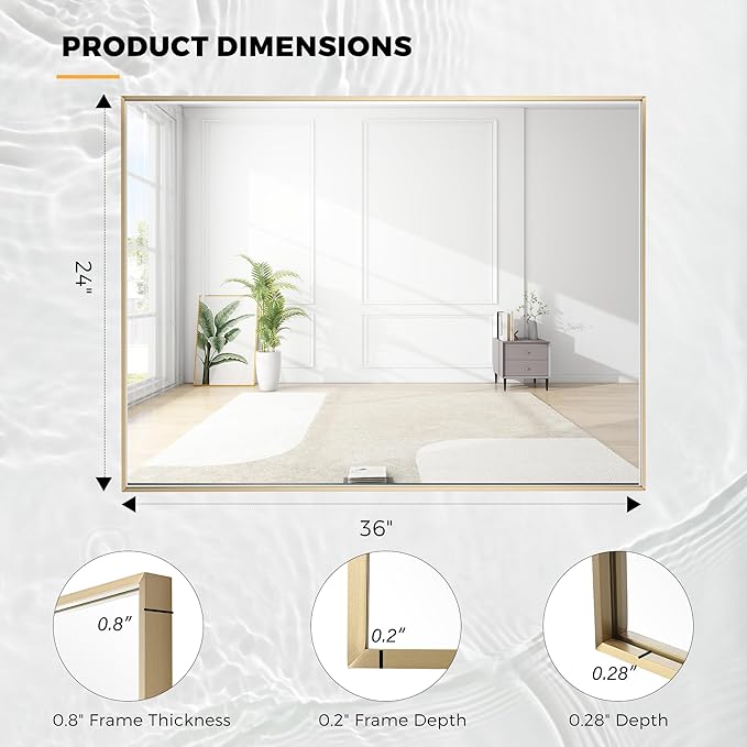 24x36 Inch Brass Bathroom Mirror for Wall, Aluminum Frame Rectangle Rectangular Vanity Mirror, Modern Large for Bedroom, Living Room, Horizontal or Vertical-StrideForce Fitness