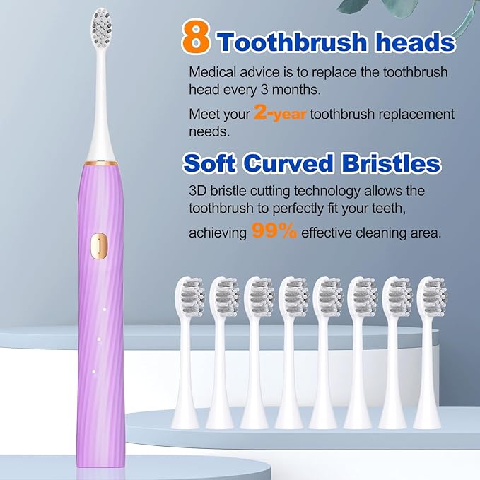 Electric Toothbrush for Adults and Kids, with Tongue Scraper and Travel Case, 8 Brush Head, Smart Timer & 4 Modes Rechargeable Toothbrush, 42000 VPM Deep Clean, One Charge Last 90 Days - Purple