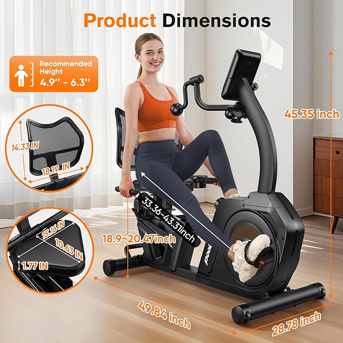 pooboo Recumbent Exercise Bike, Stationary Bikes for Home with Arm Exerciser, Magnetic Recumbent Bike with Ergonomic Backrest & Comfortable Seat, Smart APP, Pulse Sensor, 400LBS Weight Capacity-StrideForce Fitness
