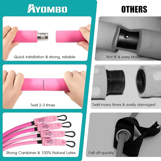 Pilates Bar Kit With Resistance Bands, Workout Equipment for Legs, Hip, Waist, Arm, Squats Exercise Equipment for Home Workouts, Adjustable 3-Section Bar Kit for Women & Men