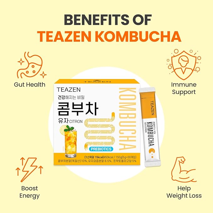 TEAZEN Citron Kombucha Tea, Hydration Drink Mix, Sugar Free, Live Probiotics & Prebiotics, 30 Sticks, 5.29oz-StrideForce Fitness