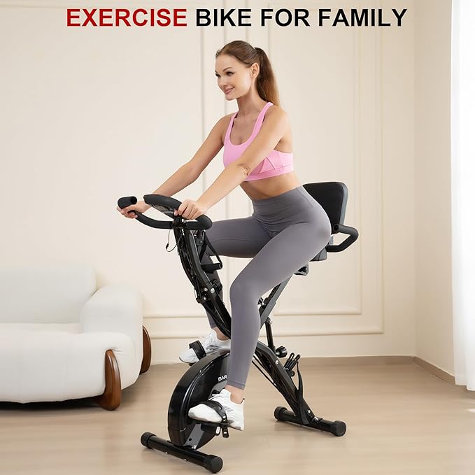 BARWING Stationary Exercise Bike for Home Workout, 5 IN 1 Foldable Indoor Cycling Bike for Seniors, 350LB Capacity, 16-Level Magnetic Resistance, Seat Backrest Adjustments-StrideForce Fitness