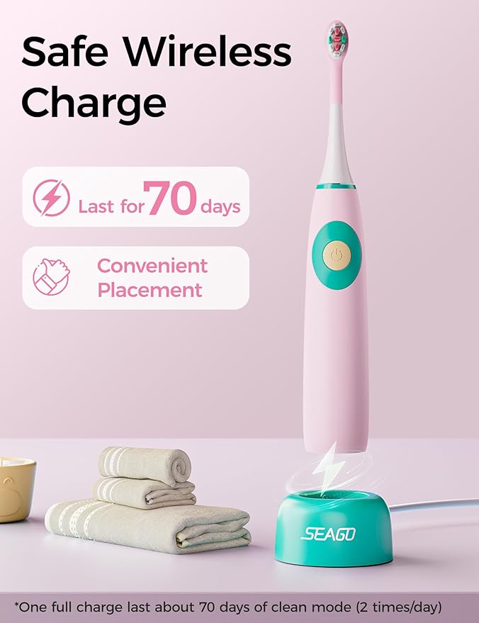 SEAGO Kids Electric Toothbrushes for Ages 5-8 with 2 Sizes Soft Brush Heads, Soft Silicone Handle, 2-Min Timer, IPX7 Waterproof, 35000VPM, Rechargeable 70 Day Battery Life with Charging Base (Pink)