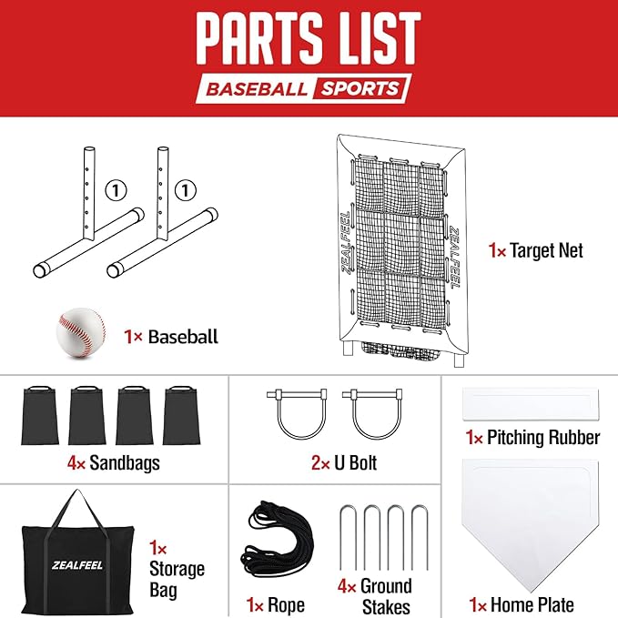 Baseball Pitching Net Pro, 9 Hole Pitching Net with Strike Zone Target, 5 Height Adjustable, Portable Easy Setup Trainer Net for Baseball & Softball with Ball, Home Plate & Pitching Rubber-StrideForce Fitness
