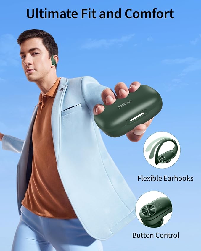 PocBuds Bluetooth Headphones Wireless Earbuds 80hrs Playtime Wireless Charging Case Digital Display Sports Ear Buds with Earhook Deep Bass IPX7 Waterproof Over-Ear Earphones for TV Phone Laptop Olive-StrideForce Fitness