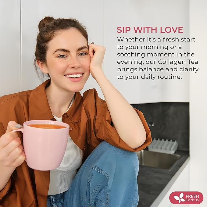 FreshDrinkUS, Premium Collagen Herbal Tea β 30 Tea Bags | Cinnamon Stick, Hibiscus, Dandelion Root, Moringa Leaves, Rose Hip, Ginger, Fennel Seed, Boswellia | Caffeine-Free, Natural Flavorful Blend