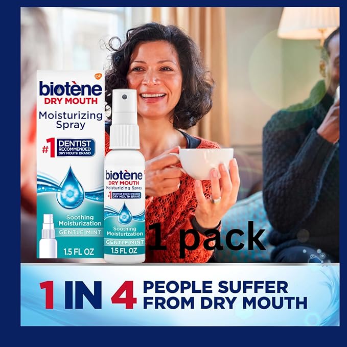1 Pack of Biotene Moisturizing Dry Mouth Spray, Moisturizing Spray for Dry Mouth and Bad Breath, Gentle Mint - 1.5 fl oz + Vitamin and Mineral Exclusive Guide