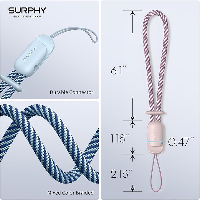 SURPHY 2 Pack Phone Lanyard for Cellphone Case, Phone Wrist Strap for Case, Cellphone Strap with 2-Color Braided, Charm Wrist Lanyard for Women and Men, Pink & Cloud Blue