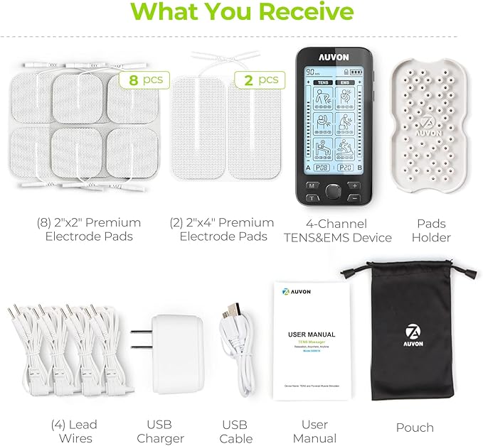 AUVON 4 Outputs TENS Unit EMS Muscle Stimulator Machine for Pain Relief Therapy with 24 Modes Electric Pulse Massager, 2" and 2"x4" Electrodes Pads, Black-StrideForce Fitness