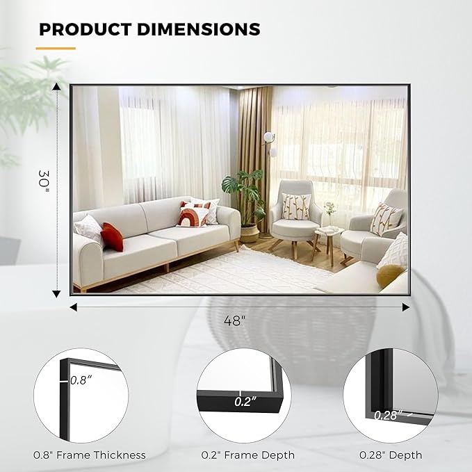 30x48 Inch Black Bathroom Mirror for Wall, Aluminum Frame Rectangle Rectangular Vanity Mirror, Modern Large for Bedroom, Living Room, Horizontal or Vertical-StrideForce Fitness