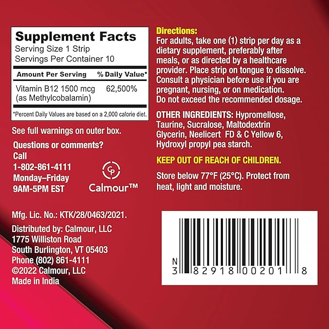 Vitamin B12 Strips 100 Pack | Easy Oral Dissolvable Mint Flavored Strips | 1500 mcg Strips | Vit B12 Dissolve under Tongue | Methylcobalamin B-12 Vitamin Formula | Vegan Friendly & Gluten Free