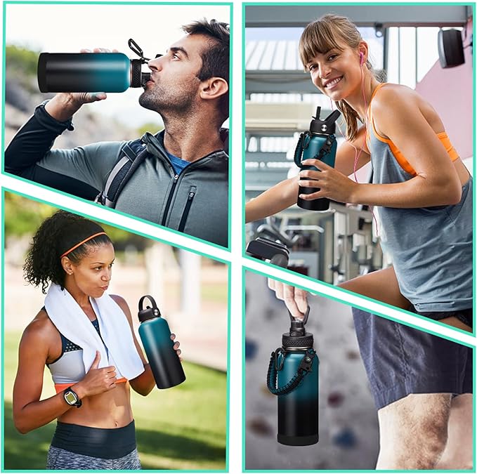 32/40/64/128 oz Insulated Water Bottle with straw & Spout Lids Keep Cold 48H Hot 24H, Large Water Flask Bottle with Shoulder Carrier Bag, Paracord Handle & Boot for Gym, Workout & Beach-StrideForce Fitness
