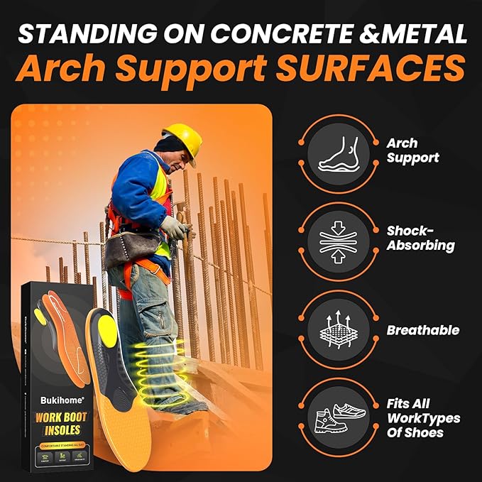 Bukihome Work Boot Insoles for Construction & Standing All Day - Heavy Duty Orthotic Shoe Inserts with Shock Absorption, Arch Support & Fatigue Reduction Durable Support Fits Work Boots -L-StrideForce Fitness