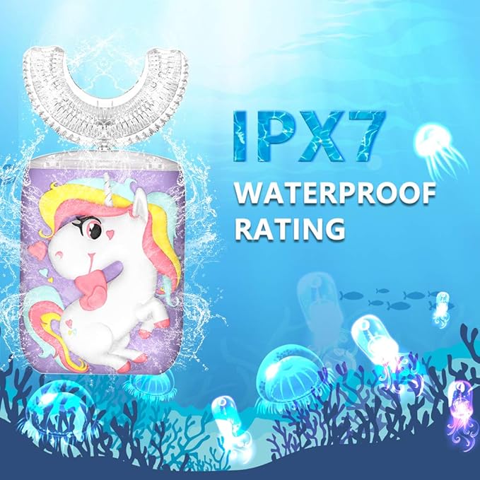 Kids U-Shaped Electric Toothbrush, Sonic Automatic Toothbrush with 4 Brush Heads, 360° Whole Mouth Cleaning Six Modes, Unicorn Design, IPX7 Waterproof, Rechargeable Birthday Gift (Purple, Kids 2-7)