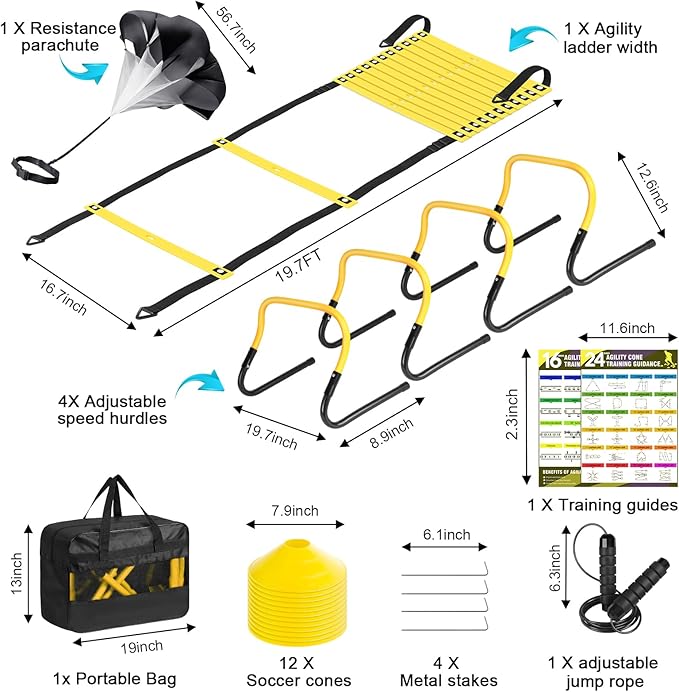 Agility Speed Training Equipment Set - 20ft Speed Ladder, 12 Cones, 4 Adjustable Hurdles, Jump Rope, Parachute | Ideal for Basketball, Football, Soccer, for Kids, Youth, Adults