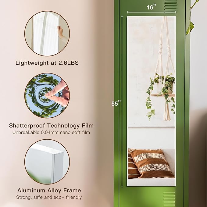 55"x16" Magnetic Mirror Lightweight Full-Length Mirror | Strong Adhesion, Easy Installation | Suitable for Refrigerators, Glass Walls, Wooden Doors, and More | 8.2kg Ultra-Strong Support | White-StrideForce Fitness