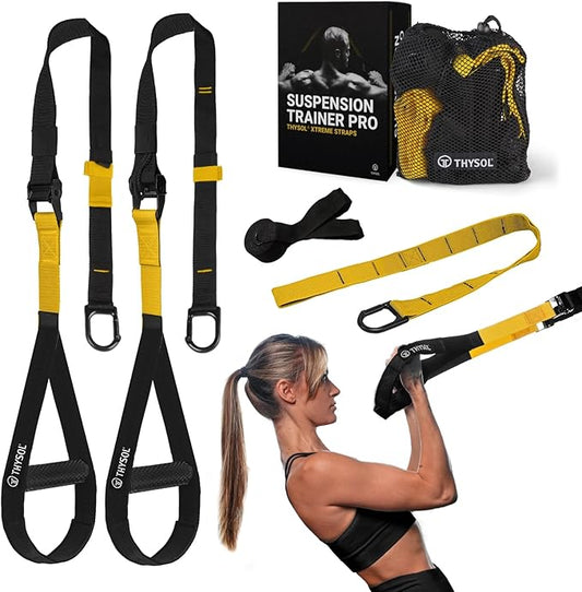 THYSOL® Resistance Trainer Pro Xtreme Straps Army | Sling Trainer Set with Adjustable Door Anchor | Fitness Home Workouts - Suitable for Travelling & for Training Indoor & Outdoor (Yellow)-StrideForce Fitness