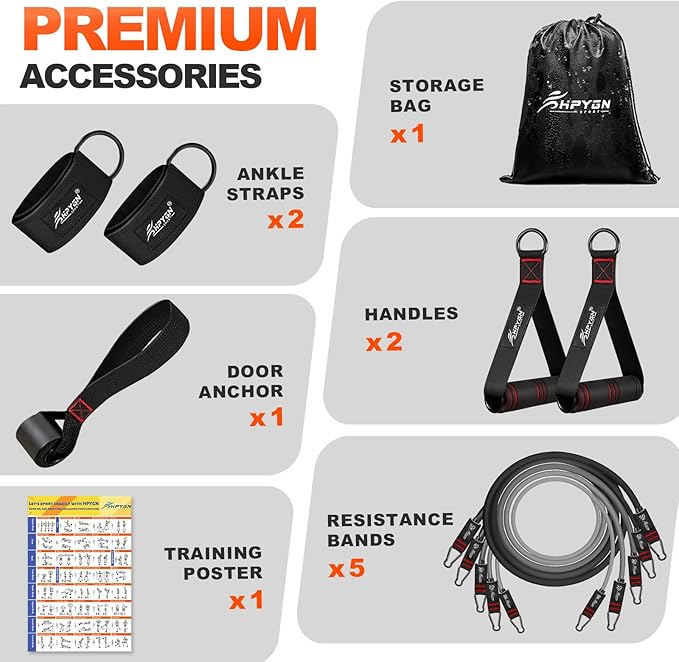 HPYGN Resistance Bands, Exercise Bands with Handles, Fitness Bands, Workout Bands with Door Anchor and Ankle Straps, for Heavy Resistance Training, Physical Therapy, Shape Body, Yoga, Home Workout Set-StrideForce Fitness