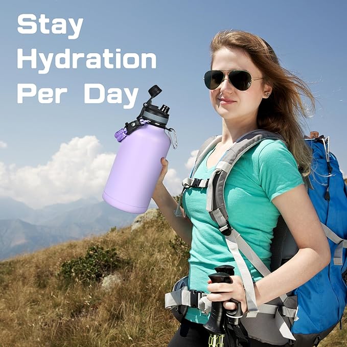 Insulated Water Bottle 64 oz, Half Gallon Water Jug Cold 48H, BPA Free Stainless Steel Bottles with Straw/Chug 2-in-1 Lid, Bag, Paracord Handle, Silicone Boot, Sports Gym School Metal Flask-StrideForce Fitness
