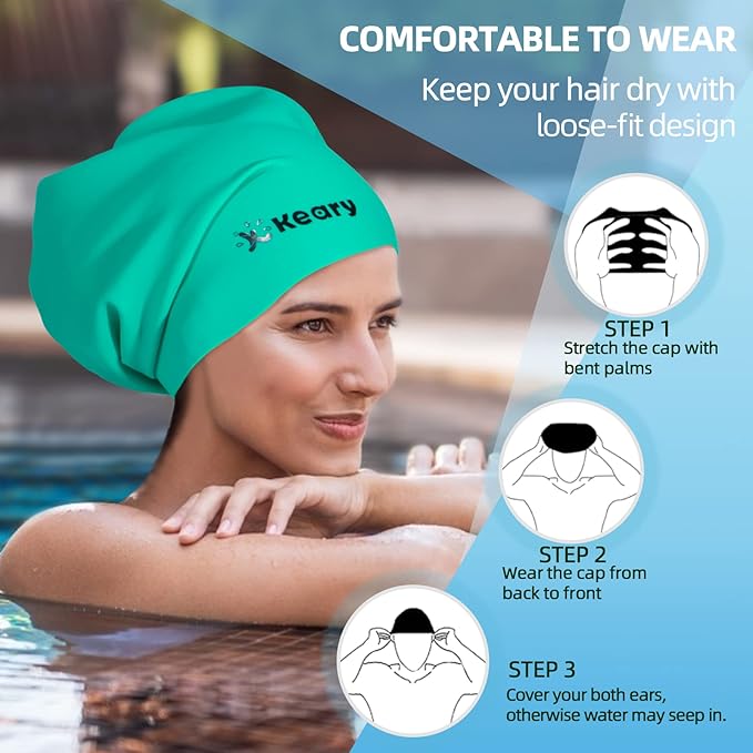 Keary Extra Large Swim Cap for Braids and Dreadlocks Extensions Weaves Long Hair, Waterproof Silicone Cover Ear Bath Pool Shower Swimming Cap for Adult Youth to Keep Hair Dry, Easy to Put On and Off-StrideForce Fitness