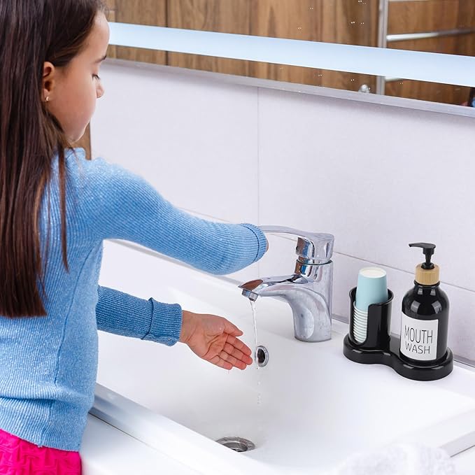 Mouthwash Dispenser for Bathroom, 16oz Plastic Mouthwash Dispenser with Cup Holder and Tray Mouth Wash Bottle Container - Black