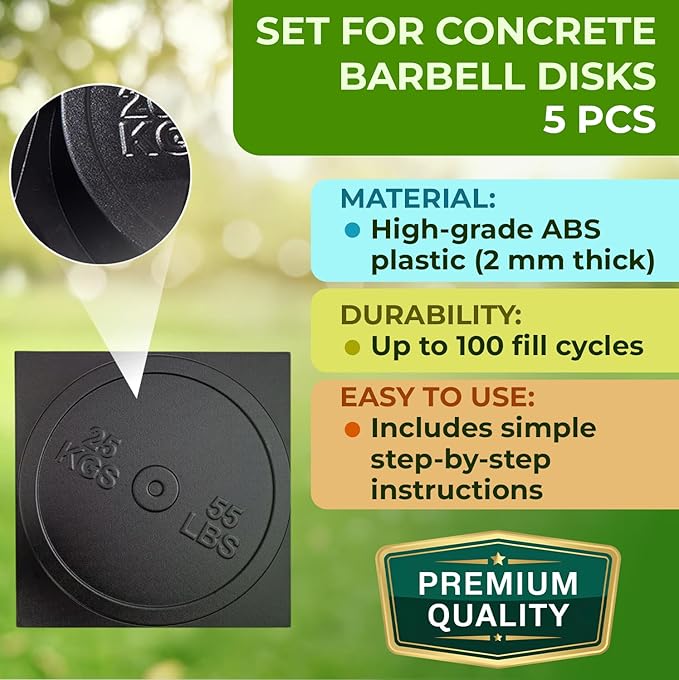 DIY Concrete Weight Mold Set - 5 pcs ABS Plastic 2mm Thick - Dumbbell & Barbell Weight Plates