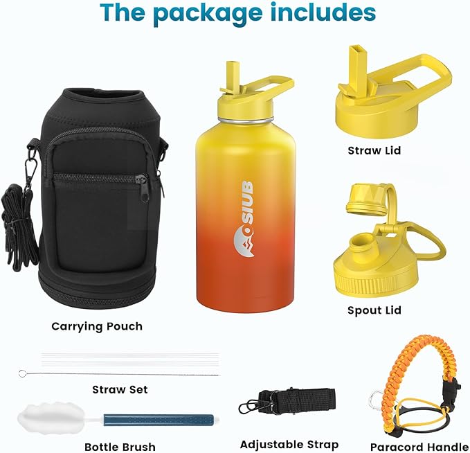 Insulated Water Bottle 87 oz, Triple Wall Vacuum Stainless Steel(Cold for 48 Hrs),Leak Proof & BPA-Free,One Gallon Water Bottle with Reflective Paracord & Flip Straw for Sports & Travel, Sunset-StrideForce Fitness