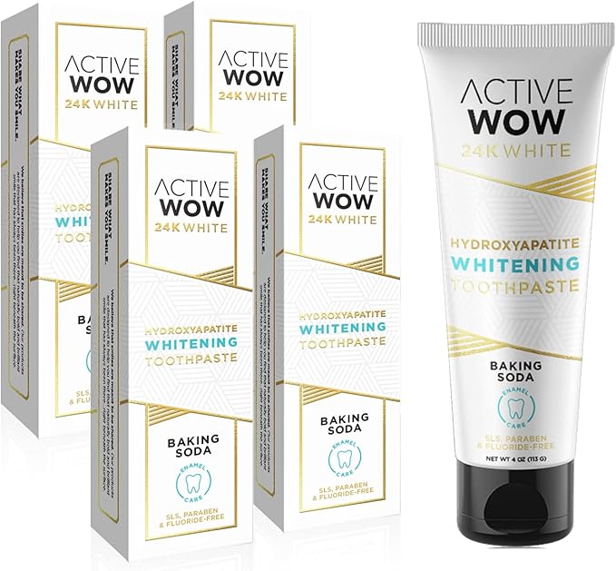 Active Wow 24k White Hydroxyapatite Whitening Toothpaste – Sensitive, Remineralizing, Paraben & Fluoride Free – Baking Soda & Fresh Mint, 4oz (4-Pack)