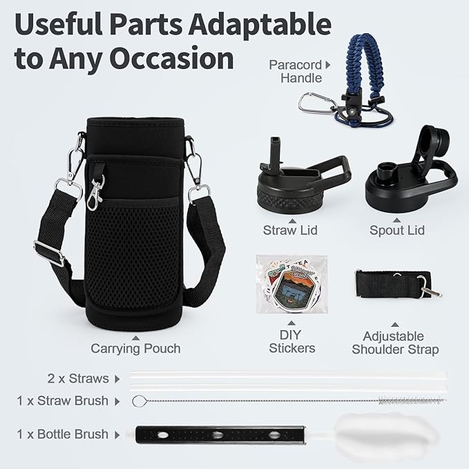 40 oz Insulated Water Bottle with Straw (Cold for 48 Hrs), Stainless Steel Triple Wall Vacuum Sports Water Jug, Leakproof Hydro Cup Flask with Paracord Handle & Straw Spout Lids & DIY Stickers-StrideForce Fitness