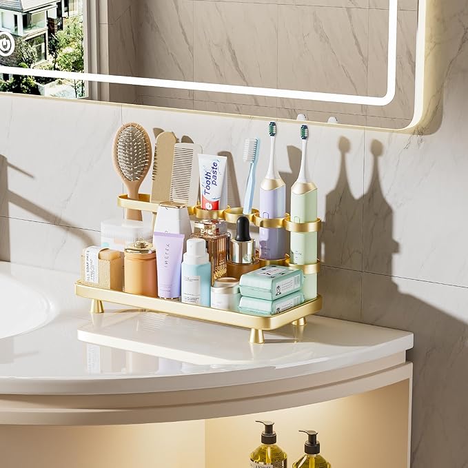 Electric Toothbrush Holder for Bathroom Countertop 5 Metal Slots Toothpaste Razor Mouthwash Organizer, Gold