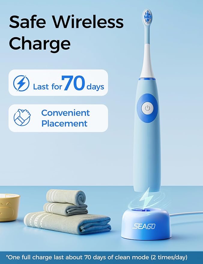 SEAGO Kids Electric Toothbrushes for Ages 5-8 with 2 Sizes Soft Brush Heads, Soft Silicone Handle, 2-Min Timer, IPX7 Waterproof, 35000VPM, Rechargeable 70 Day Battery Life with Charging Base (Blue)