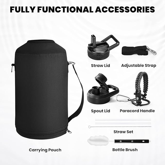 One Gallon Water Bottle Insulated, Triple Walled Vacuum Stainless Steel (Cold for 48 Hrs), Leak Proof & Non-BPA, Large Water Flask Jug with Paracord Handle & Straw Spout Lids-StrideForce Fitness