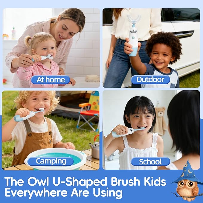Kids Electric Toothbrush,360-Degree Sonic Vibration, IPX7 Waterproof,Toddler U Shaped Toothbrush with 2 Soft Brush Head,Cute Owl Design Baby Toothbrush for Ages 8–13(Blue)