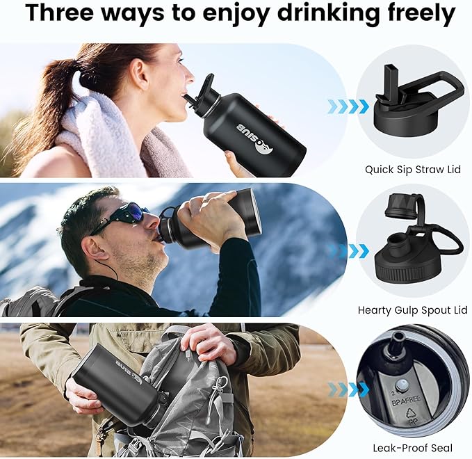 Insulated Water Bottle 64 oz, Triple Wall Vacuum Stainless Steel(Cold for 48 Hrs),Leak Proof & BPA-Free,Half Gallon Water Bottle with Reflective Paracord & Flip Straw for Sports & Travel, Black-StrideForce Fitness