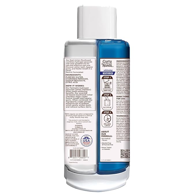 GuruNanda Teeth Whitening Dual Barrel Oxyburst Mouthwash - Alcohol & Fluoride Free, Hydrogen Peroxide to Promote Whiter Teeth - Wild Mint - 32 Fl Oz