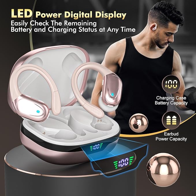 Wireless Earbuds, Sports Bluetooth Headphones, 80Hrs Playtime Ear Buds with LED Power Display, Noise Canceling Headset, IPX7 Waterproof Earphones for Workout/Running (Rose Gold)-StrideForce Fitness