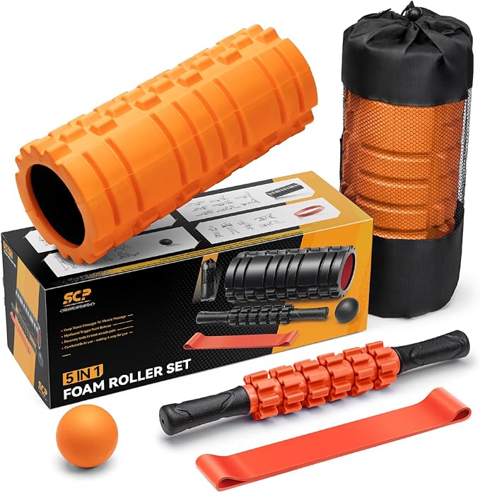 5 in 1 Foam Roller Set for Deep Tissue Muscle Massage, Trigger Point Fitness Exercise Foam Roller, Massage Roller, Massage Ball, Stretching Strap, for Whole Body(Orange-Black)-StrideForce Fitness