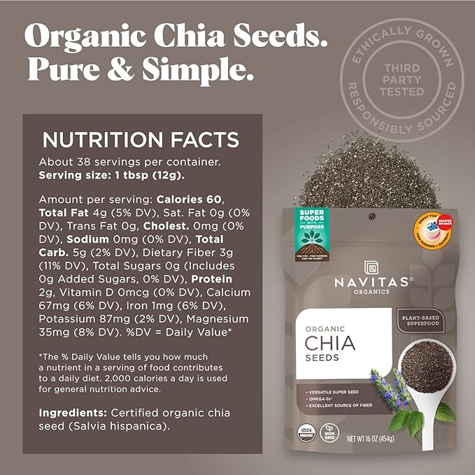 Navitas Organics Chia Seeds – For Chia Pudding, Smoothies, Baking, Salads & More – Omega 3, Fiber, Minerals - USDA Organic, Non GMO, Kosher, Gluten Free, Keto (16oz. Bag, 15 Servings)