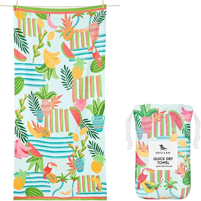 Dock & Bay Beach Towel - Quick Dry, Sand Free - Compact, Lightweight - 100% Recycled - Includes Bag - Tropicana Treat - Large (160x90cm, 63x35)-StrideForce Fitness