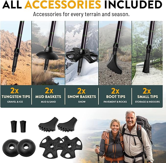 100% Carbon Fiber Trekking Poles by USA Brand - Ultra Strong Lightweight Collapsible Hiking Poles with Cork and EVA Foam Grips & Quick Adjustable Flip Locks-StrideForce Fitness
