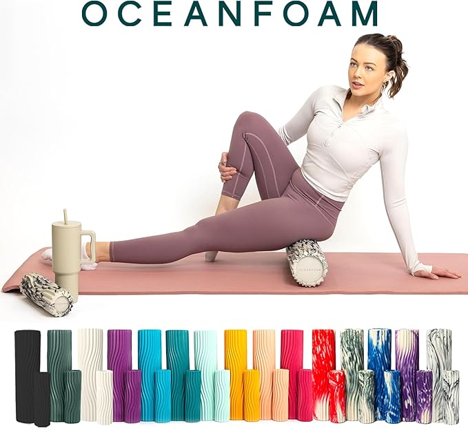 Oceanfoam Ripple Travel Foam Roller (11" x 3.35") Firm Mini Foam Roller for Physical Therapy, Deep Tissue Massage, Back Pain - High Density, Ergonomic Wave Textured - Yoga, Exercise (Black Marbled)-StrideForce Fitness