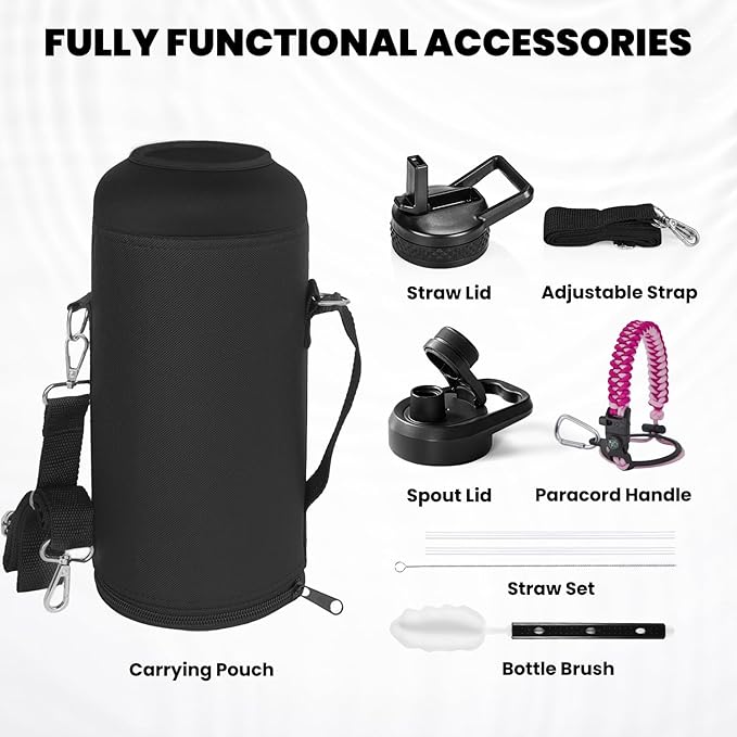 Insulated Water Bottle 87 oz, Triple Wall Vacuum Stainless Steel (Cold for 48 Hrs), Leak Proof & Non-BPA, Modern Water Flask Jug with Paracord Handle & Straw Spout Lids, Ombre Pink-StrideForce Fitness