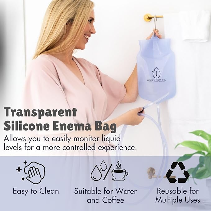 Happy Bum Bag Enema Kit | 6.5ft Silicone Hose, 2L Non-Toxic Silicone Enema Bag with 3 Replacement Tips | Reusable Coffee Enema Kit Suitable for Water & Coffee Enemas for Colon Cleanse for Women & Men-StrideForce Fitness