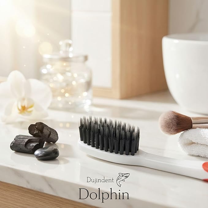 Dolphin Charcoal Toothbrush Extra Soft Bristle Manual Soft Long Flossing, Ultra Clean Toothbrush, Good for Sensitive Teeth and Gums (Multi, Charcoal 4 Packs)